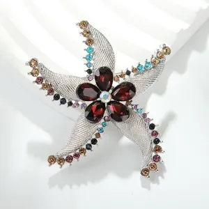 Exquisite starfish brooch detail, silver-tone alloy with dark red crystal and colorful rhinestones.