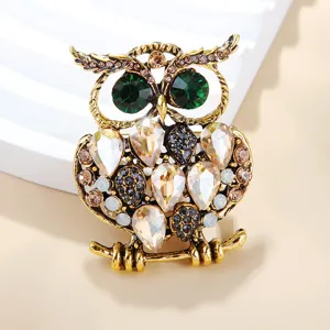 Gros plan de broche hibou vintage avec strass scintillants pour tenues élégantes.