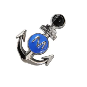 Alloy anchor brooch marine style lapel pin with blue enamel and letter M detail for clothing.