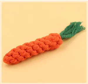 Detail view of a cute carrot-shaped braided cotton rope dog teething and cleaning toy.
