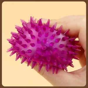 Close-up detail of the purple spiky pet toy ball showing soft rubber thorns clearly.