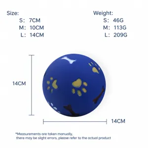 Blue rubber dog toy ball with paw and bone patterns, available in three sizes for pets.
