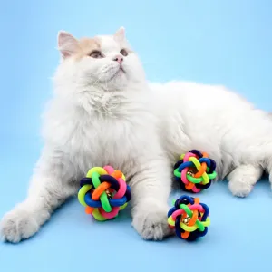 Colorful woven cat toy ball with bell, safe rubber chewing pet interactive toy for cute cats.