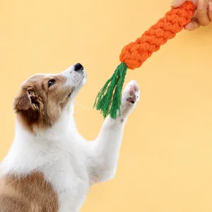 Cute carrot-shaped cotton rope dog toy for small dogs, perfect for teeth cleaning and interactive play.