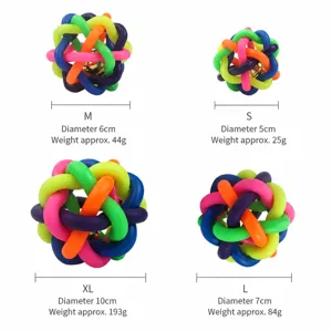 Colorful woven pet toy ball with bell, assorted sizes for cats and dogs interactive play.