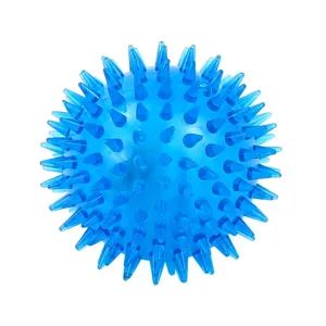 Blue translucent TPR spiked pet toy ball, massage and glowing chew toy for dogs and cats.