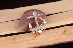 Gold Tone Rhinestone Pearl Anchor Brooch Pin Nautical Fashion Jewelry Accessory for Women