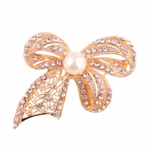 Spilla Fiocco in Lega Vintage per Donna Con Strass e Perla Artificiale Elegante Spilla a Fiocco per Matrimonio Festa