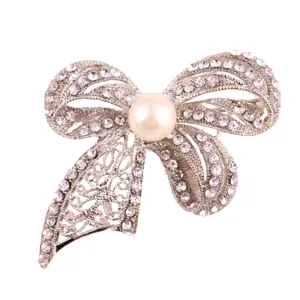 Spilla Fiocco Perla Strass Argento Moda Elegante Lega Di Metallo Cristallo Donna Gioiello