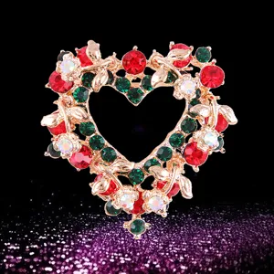 Weihnachten Herz Brosche Kristall Strass Goldfarbe ausgehöhlt Damen Schmuck Anstecknadel