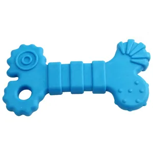 Blue bone shaped pet chew toy detail, durable TPR rubber material with textured surface design.