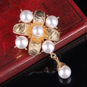 Vintage Perlen Blumen Brosche mit Kreuz Anhänger elegante Damen Mode Schmuck Zubehör