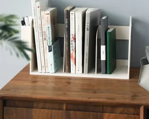Japanese style desktop book organizer with pen holder, 3-compartment file storage stand for desk.