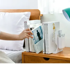 White desktop bookend organizer with pen holder, minimalist shelf for books and storage.
