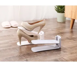 Adjustable double layer shoe rack space saving plastic shoe organizer for home closet storage