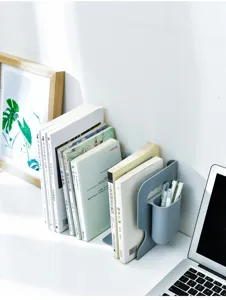 Minimalist desktop bookend and storage rack with built-in pen holder for office or study use.