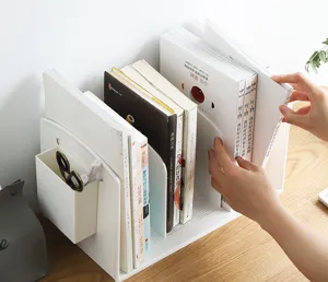 Japanese style desktop book organizer with pen holder, 3-grid plastic bookend for desk.