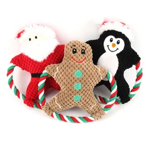 Christmas plush dog toys set, cute squeaky chew rope toys for puppy teething and play.