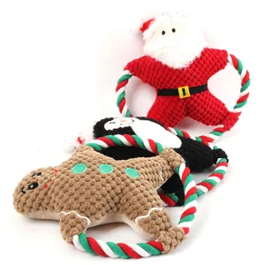 Christmas plush dog toys set with squeaker and cotton rope, durable chew toy for pets.