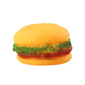 Cute vinyl squeaky burger dog toy for pet teething and interactive play, main product view.