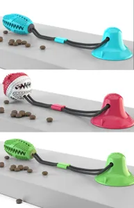 Dog chew toy detail view with suction cup base and treat dispensing molar ball in three bright colors.