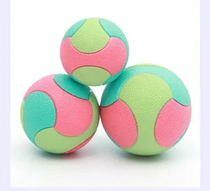 Close-up detail of the colorful textured pet toy ball, highlighting surface grip design.