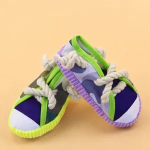 Cute dog chew shoe toy with cotton rope, perfect for puppy dental cleaning and interactive play.