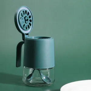 Glass seasoning jar kitchen spice container with spoon and moisture proof lid main view