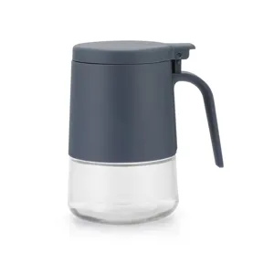 Glass seasoning bottle with grey lid and handle for kitchen condiment storage container main view