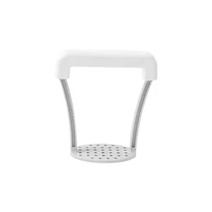 White plastic potato masher kitchen tool for baby food purees and daily cooking preparation.
