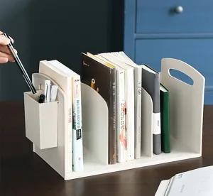 Japanese style desktop bookend with pen holder, plastic 3-grid file storage rack stand.