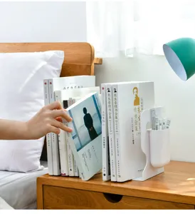 Detail shot of white plastic bookend with pen holder, perfect for desk organization.