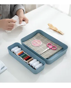 Details of Japanese desktop storage box set, plastic multi-compartment organizer tray.