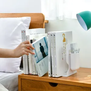 Japanese minimalist desktop bookend storage rack with pen holder for book organization and study.