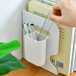 White plastic desktop bookend with integrated pen holder desk book storage stand.