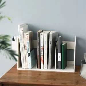 Desktop bookend organizer with pen holder, white plastic 3-compartment bookshelf