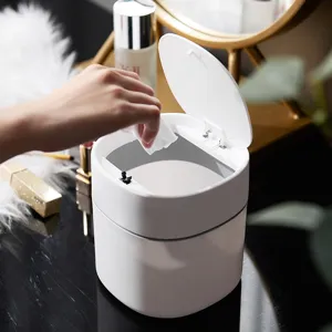 Mini desktop trash can with lid small plastic garbage bin for office vanity dressing table