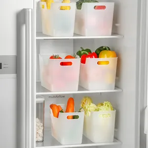 Clear plastic refrigerator storage bins with handles, ideal for organizing fruits and vegetables.