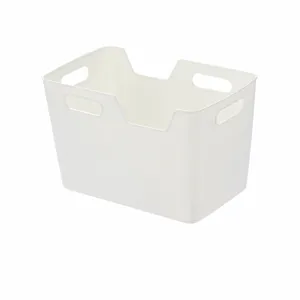 White plastic storage basket with handles, versatile home organizer bin for kitchen or fridge.