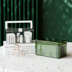 Clear plastic storage box with lid and handle for face masks, cosmetics, and small items.