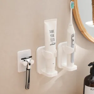 Wall mount razor holder bathroom punch free toothbrush toothpaste storage rack white organizer
