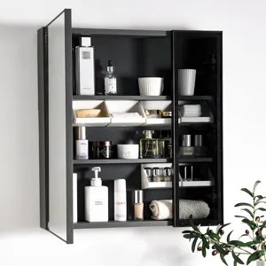 Wall mounted mirror cabinet organizer with slanted sorting storage boxes for bathroom vanity.