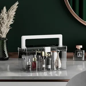 Clear cosmetic storage box with handle, large capacity makeup organizer for desktop vanity.