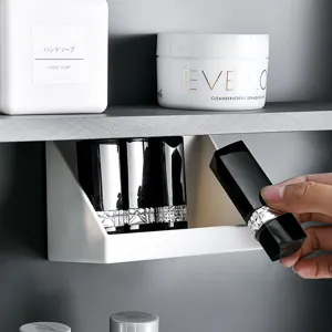 Under-shelf storage box, white plastic slanted makeup organizer for cabinet space