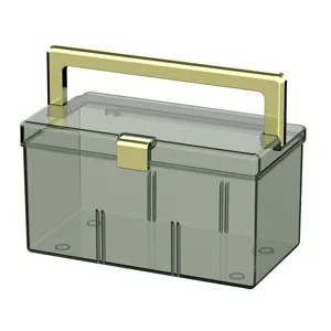 Transparent Plastic Storage Box with Gold Handle Cosmetic Mask Organizer Case Desktop