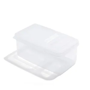 Transparent plastic storage box with double flip lid for kitchen spices and snacks, stackable.