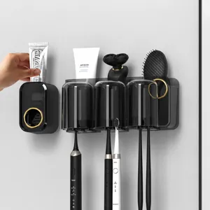 Wall-mounted toothbrush holder set with automatic toothpaste dispenser and cups for bathroom