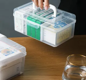 Boîte de rangement portable en plastique transparent avec poignée et compartiments divers