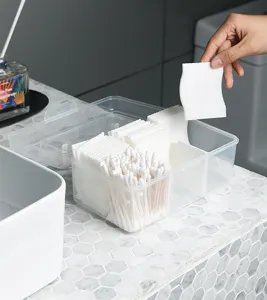 Boîte de rangement transparente avec compartiments pour cotons et disques pour la salle de bain.