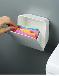 Wall-mounted bathroom storage box, white sealed dustproof organizer for trash bags and tissues.